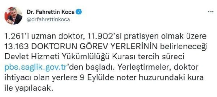 13 bin 163 hekimin Devlet Hizmeti Yükümlülüğü tercih süreci başladı