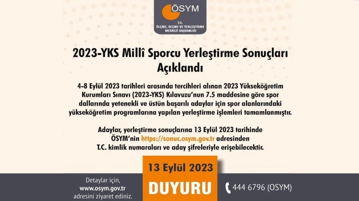 2023 YKS Milli Sporcu yerleştirme sınavı açıklandı! YKS Milli Sporcu sonuçları…