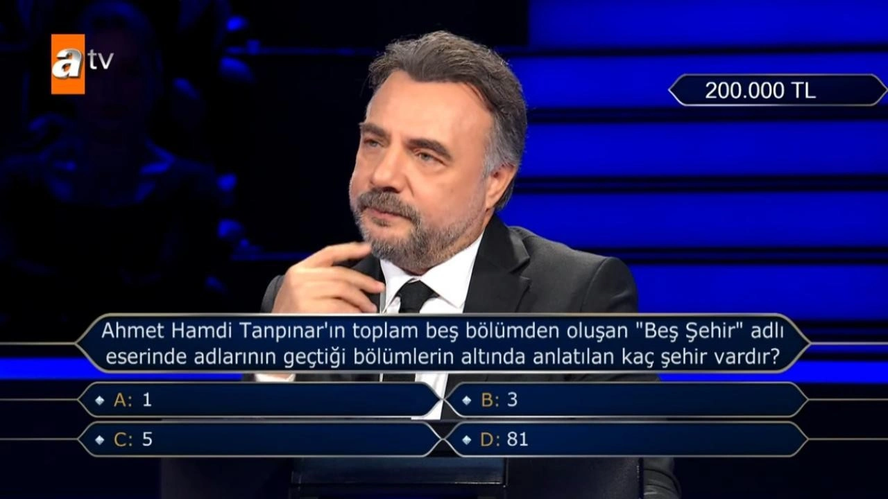 Ahmet Hamdi Tanpınar'ın eserinde kaç şehir var? Milyoner'de 200 bin TL'lik soru