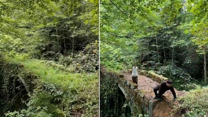 Baba-kız, 1,5 asırlık kemer köprüyü sarmaşık ve otları temizleyerek ortaya çıkardı