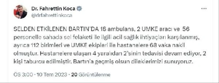 Bartın'da sel felaketinde 4 yaralıdan 2'si tedavi altında