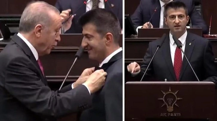 Cumhurbaşkanı Erdoğan, Mehmet Ali Çelebi'ye rozetini bizzat taktı! Sözleri salonu coşturdu