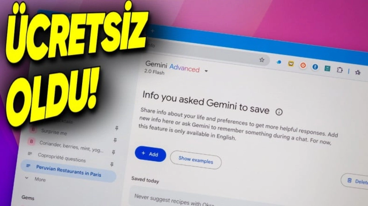 Gemini'ın Bilgi Kaydetme Özelliği Bedava Oldu!