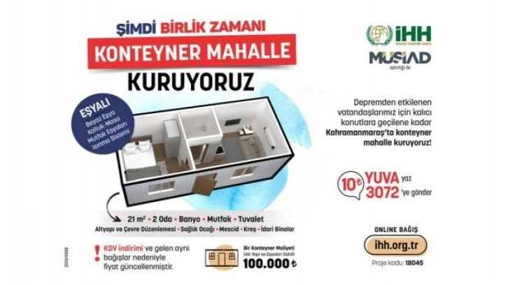 İHH Kahramanmaraş’ta konteyner mahallesi kuracak