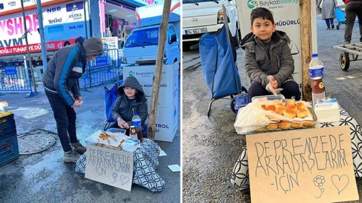 Küçük Karan, annesinin pişirdiği poğaçaları depremzede çocuklar için pazarda sattı