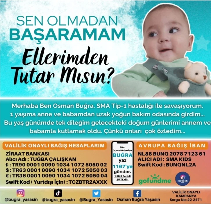 SMA Tip 1 hastası Osman Buğra Bebeğe "Çok Kişinin Az Parası Yetecek"